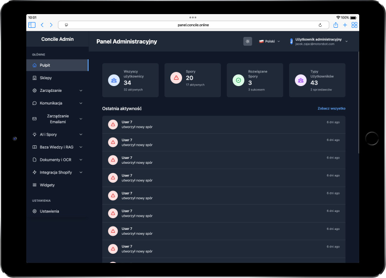 Aplikacja Concile - Panel dla sprzedających