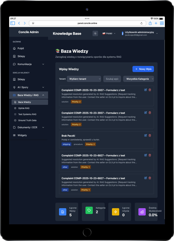 Aplikacja Concile na tablecie - Ekran 1